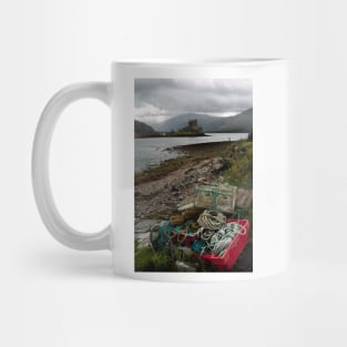 Fishing boxes near Eilean Donan, Highlands of Scotland Mug